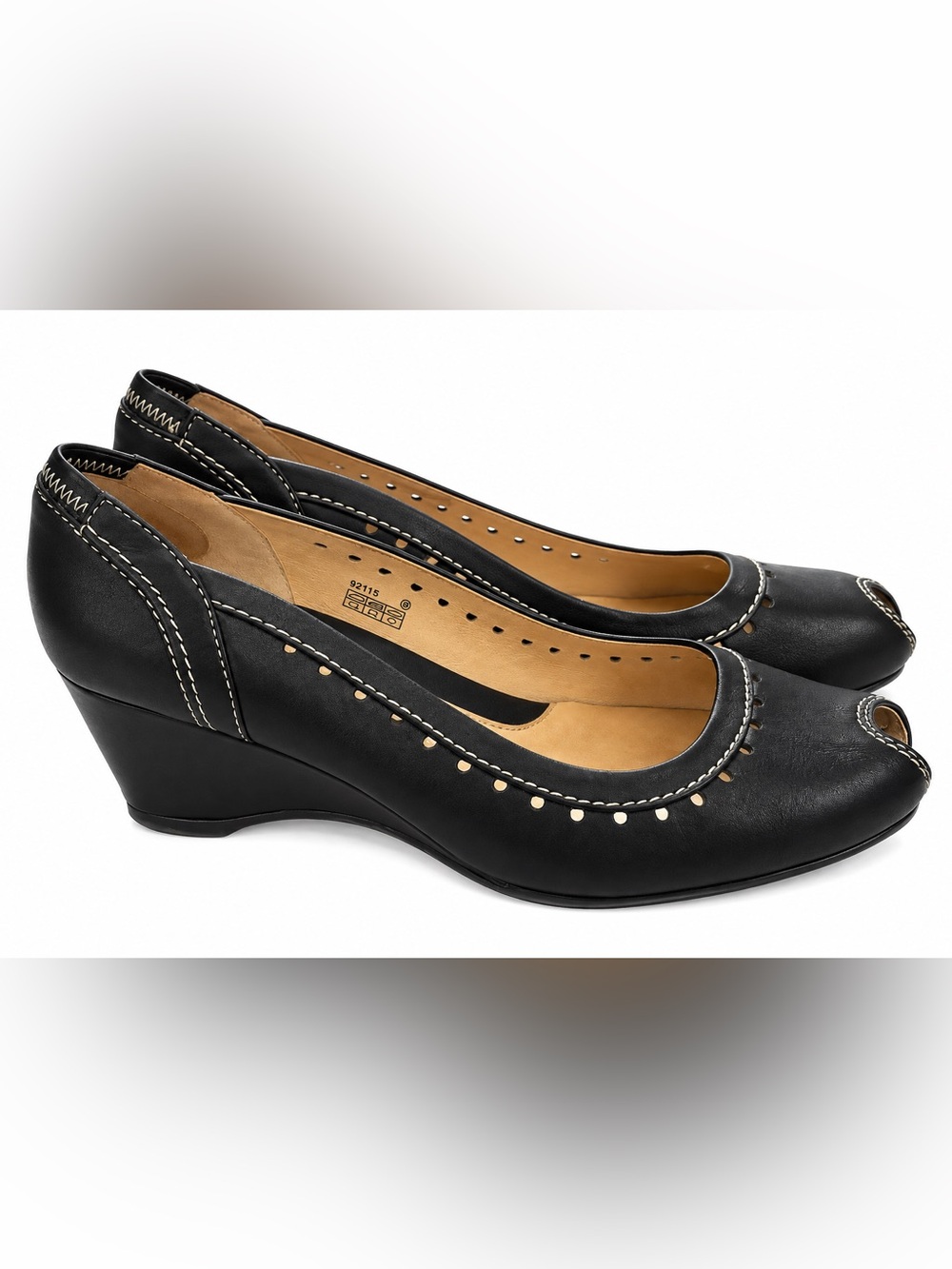 Josef Seibel Black Leather Peep Toe Wedge Heels – EU 38